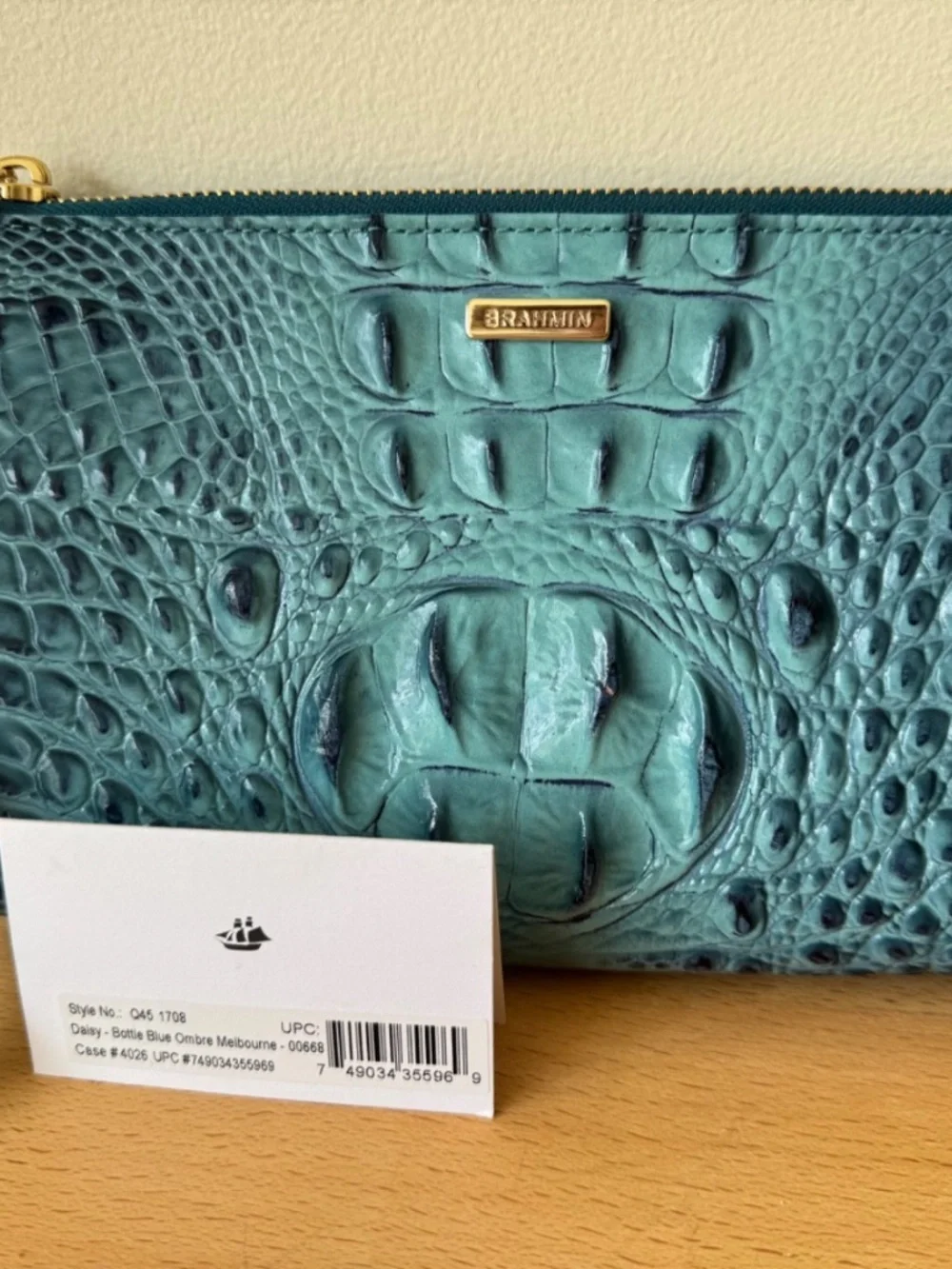 Brahmin Daisy Croc Leather Wristlet Bag Clutch Bottle Blue Ombre Melbourne New